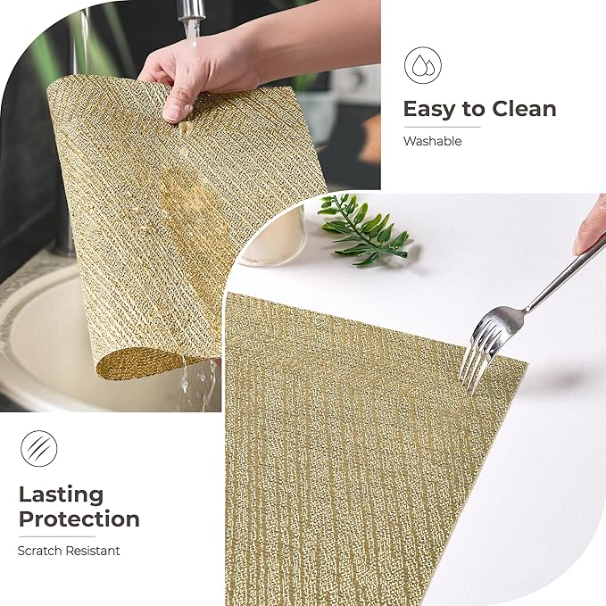 Leetaltree Gold Placemats Set of 6 - Heat Resistant Non-Slip Place mats for Dining Table, Washable Durable PVC Vinyl Woven Table Mats(Luxury Gold, 6)