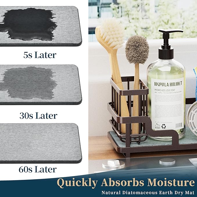 Consumest Sponge Holder for Kitchen Sink - Sink Caddy Organizer with Water Absorbing Stone Tray, Detachable Brush Holder, Stainless Steel Kitchen Counter Organizer Rack, Bronze