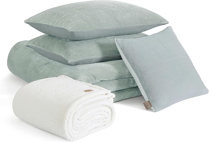 UGG Remina Comforter Set 5 Piece Bed in a Bag with Throw Blanket, Decorative Pillow, Shams, and Reversible Comforter Hypoallergenic Washable Luxury Fluffy Bedding Set, King, Blue Green Clear Creek