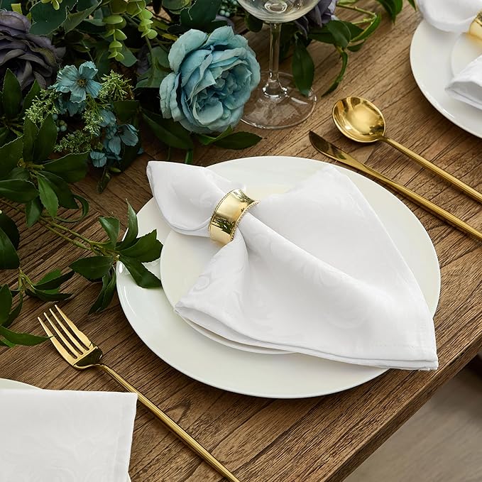 Newbridge Barcelona Luxury Damask Fabric Tablecloth, 108” Round, White, 100% Polyester, No Iron, Soil Resistant Dining Room, Party and Banquet Table Cover