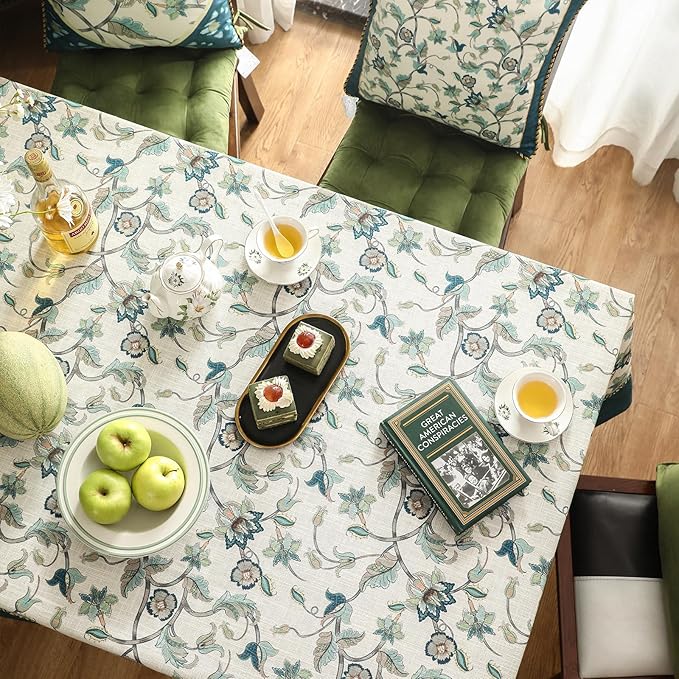 patdrea Designer Green Linen Long Rectangle Tablecloth,Vintage Floral Pattern Breathable Table Cloth,Home Table Cover Decor for Kitchen Dining,Christmas,Thanksgiving,Holiday,Party,63"x94"-Noah