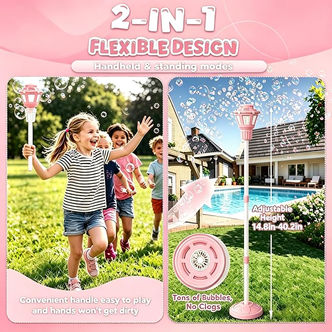Bubble Machine for Kids Toddlers - Rechargeable Automatic Bubble Machine with Lights & Music, Bubble Blower with Adjustable Stand up to 47 Inch for Backyard Games, Birthday Party, Outdoor Play