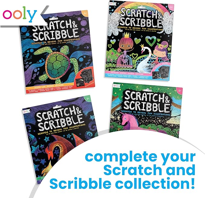 Ooly Scratch & Scribble Travel Crafts for Kids – 1pc Art Kit, Portable Car & Airplane Activity, 8 Scratch Cards + Wooden Stylus + Stickers, Ages 6+ – Ocean Life