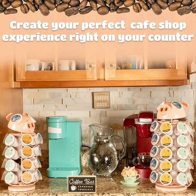 Made Easy Kit Carousel Coffee Pod Holder, Compatible with Keurig K-Pods K-Cups, Countertop Rack Storage Organizer, Metal Home and Kitchen Decor, Capsule Café Station Bar (Large, Pink Pig)