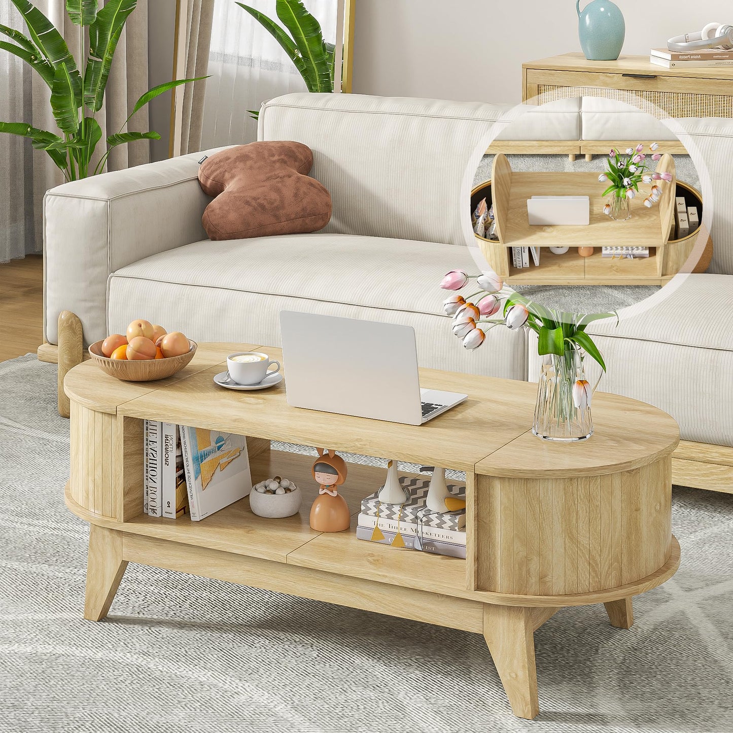Fsbecl 46.45'' Oval Coffee Tables for Living Room, Mid Century Modern Coffee Table with Storage, Wood Fluted Accent Center Table with Flip-Top Lids for Home,Office (Wood Color)