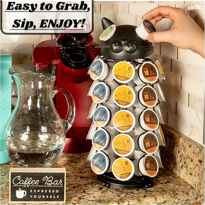 Made Easy Kit Carousel Coffee Pod Holder, Compatible with Keurig K-Pods K-Cups, Countertop Rack Storage Organizer, Metal Home and Kitchen Decor, Capsule Café Station Bar (Large, Black Cat)