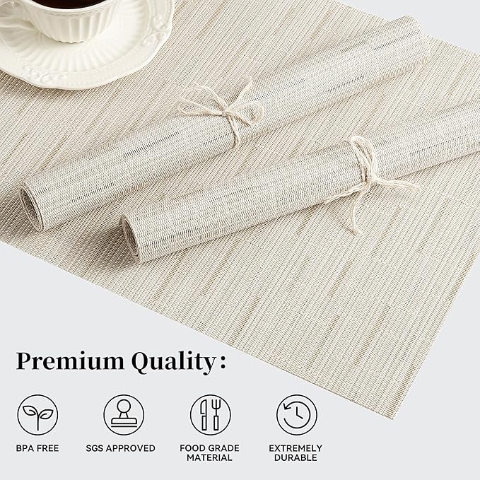 Leetaltree Pale Beige Placemats Set of 12 - Heat Resistant Non-Slip Place mats for Dining Table, Washable Durable PVC Vinyl Woven Table Mats（Pale Beige, 12）
