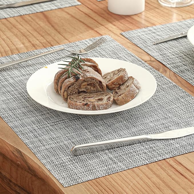 Leetaltree Linen Grey Placemats Set of 4 - Heat Resistant Non-Slip Place mats for Dining Table, Washable Durable PVC Vinyl Woven Table Mats（Linen Grey, 4）