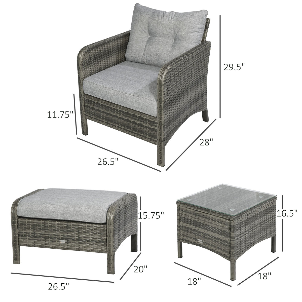 5 Pieces Rattan Wicker Lounge Chair Outdoor Patio Conversation Set with 2 Cushioned Chairs, 2 Ottomans and Tempered Glass Top Coffee Table, Gray/Light Gray