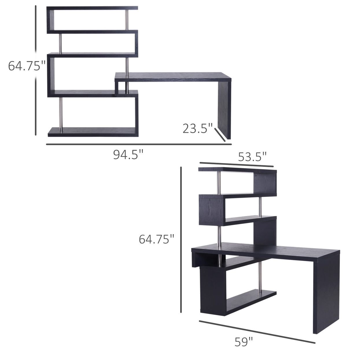 94" 5 Tier L-Shaped Computer Desk Rotating Writing Table Corner Desk with Display Shelves and Stainless Steel Frame, Black