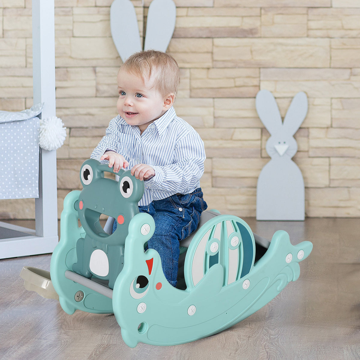 3-in-1 Kids Portable Slide Rocking Horse Toy with Basketball Hoop for Age 1.5-3 Boys and Girls, Mint Green