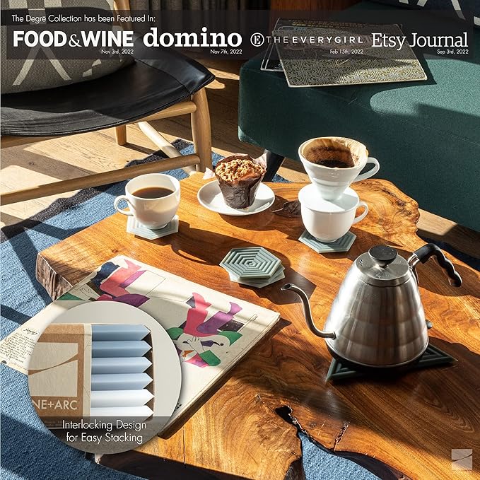 LINE+ARC Extra Thick Silicone Coasters (As Seen in NYTimes WireCutter) Waterproof Anti-Stain Heat-Safe Dishwasher-Safe Degrē Coasters (Set of 6, Clay) Outdoor Rubber Mid-Century Modern