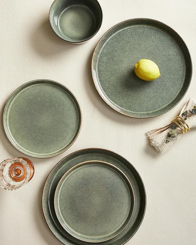 Pokini Dinnerware Sets, Microwave Safe Plates and Bowls Sets, Dishes Set for 8, Chip & Scratch Resistant Dinner Set, Handcrafted Farmhouse Dishware Sets, Green Wheat