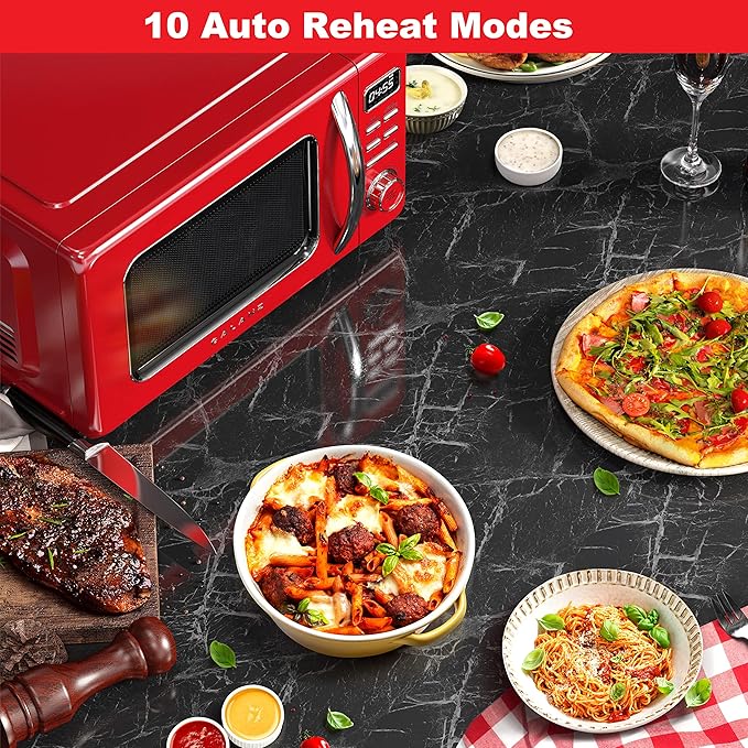 Galanz GLCMKZ07RDR07 Retro Countertop Microwave Oven with Auto Cook & Reheat, Defrost, Quick Start Functions, Easy Clean with Glass Turntable, Pull Handle.7 cu ft, Red