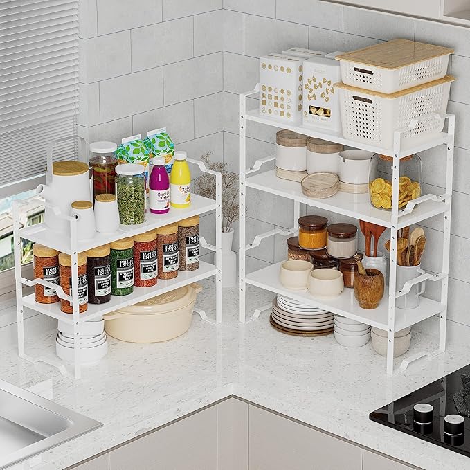 Expandable Shelf for Cabinet Organizer Adjustable Stackable Spice Rack at Kitchen and Bathroom More, Counter Countertop Cupboard Organization Pantry Storage(LARGE/2PACKS/WHITE)