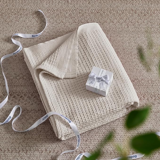Bedsure 100% Cotton Large Throw Blanket for Couch 50x70 inches - Breathable and Soft, Waffle Weave Throw Blanket for Office, Light Beige