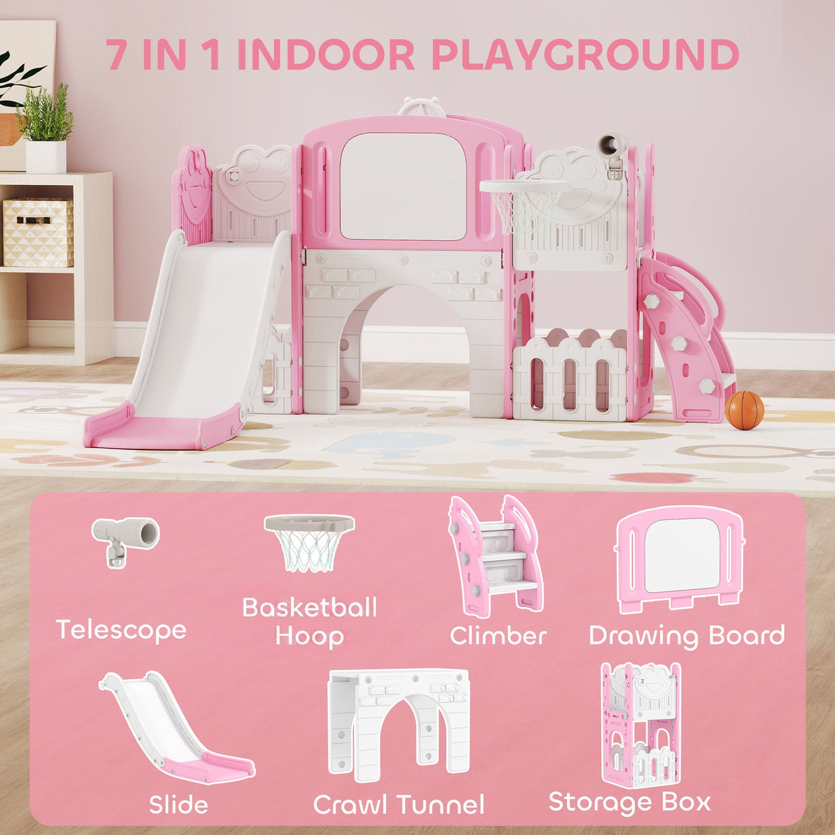 7 in 1 Kids Slide with Climber, Basketball Hoop, Telescope, Indoor Outdoor Playground, for Boys Girls Ages 1-3, Pink
