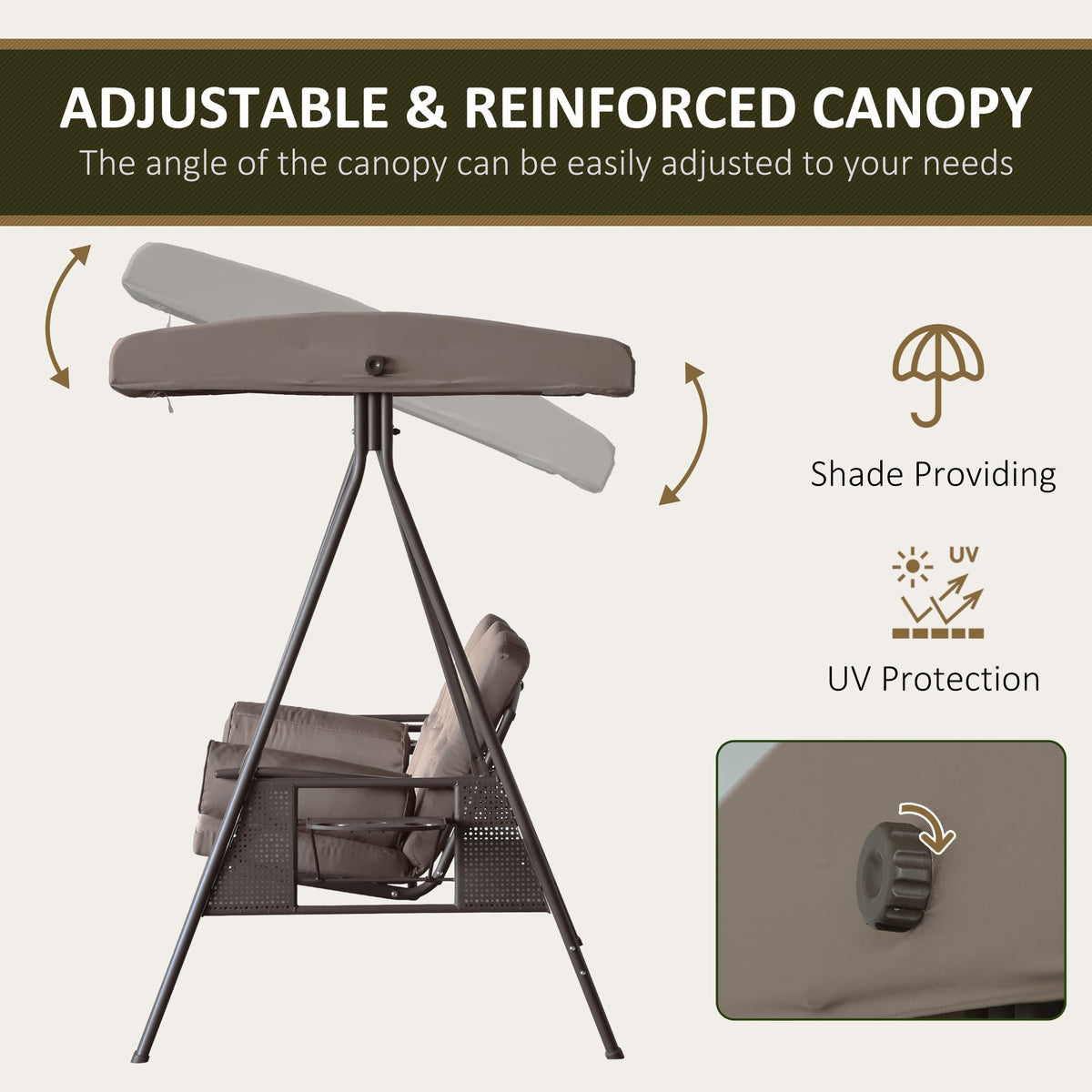 3-Seat Patio Swing Chair, Outdoor Porch Swing Glider with Adjustable Canopy, Removable Cushion, Brown