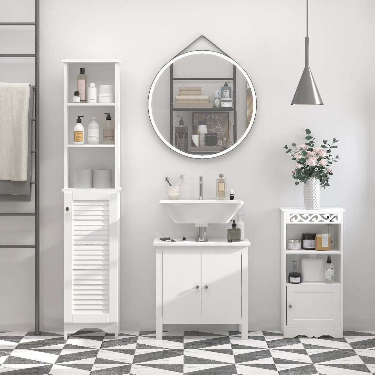 Tall Bathroom Storage Cabinet/Freestanding Linen Tower with 3-Tier Open Adjustable Shelf and Cupboard, White
