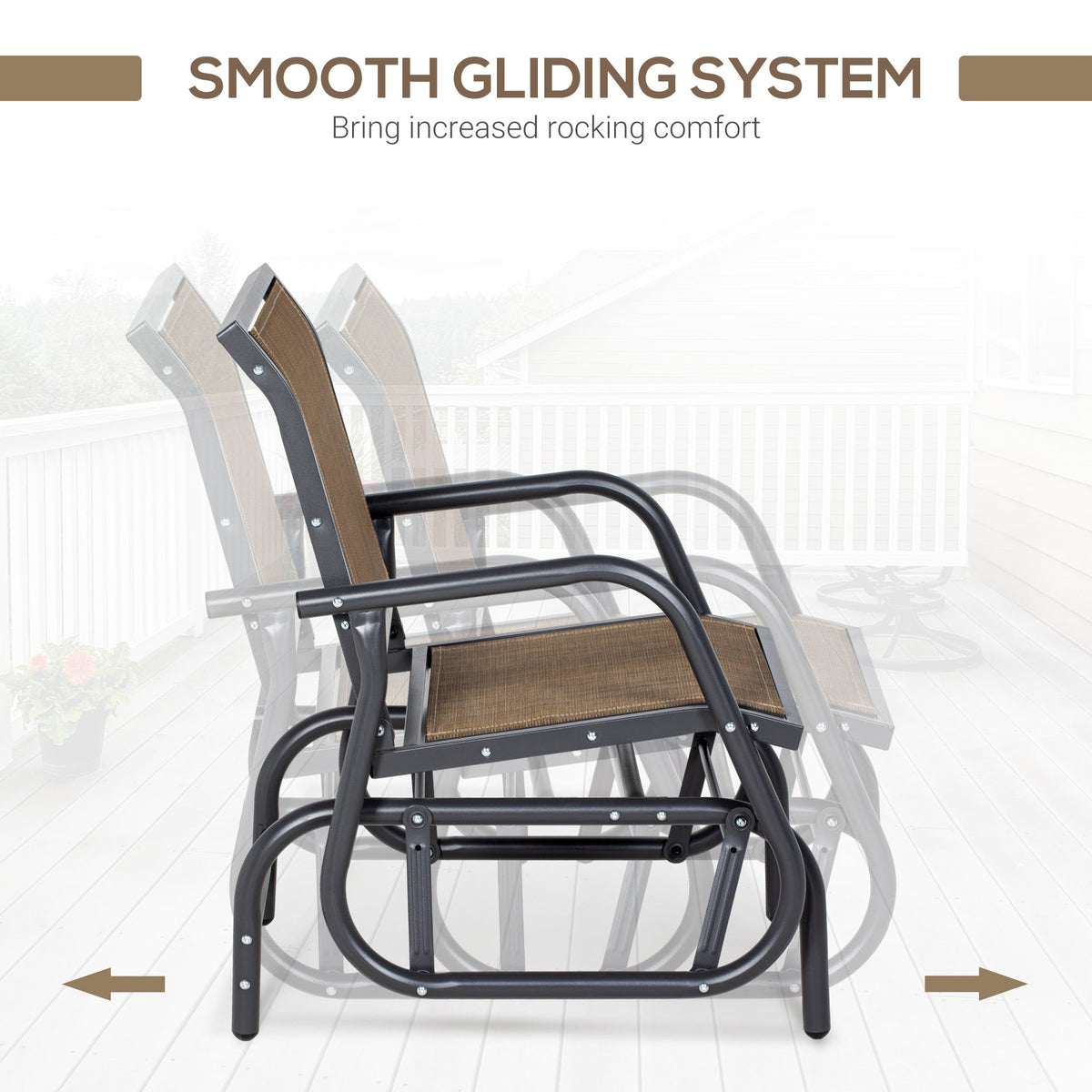 Outdoor Glider Chair, Steel Swing Chai with Curved Armrests for Porch, Garden, Poolside, Balcony, Brown