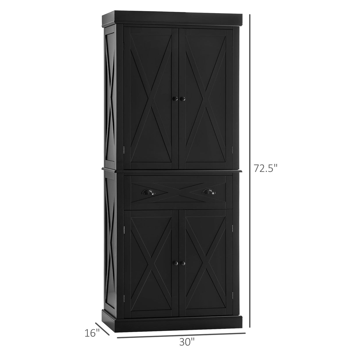 72" Kitchen Pantry Storage Cabinet, Traditional Freestanding Pantry Cabinet with 4 Doors and 2 Adjustable Shelves, Black