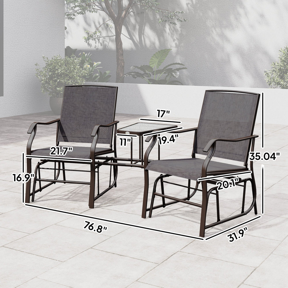 Outdoor Glider Chairs with Coffee Table, Patio 2-Seat Rocking Chair Swing Loveseat with Breathable Sling for Backyard, Garden, and Porch, Gray