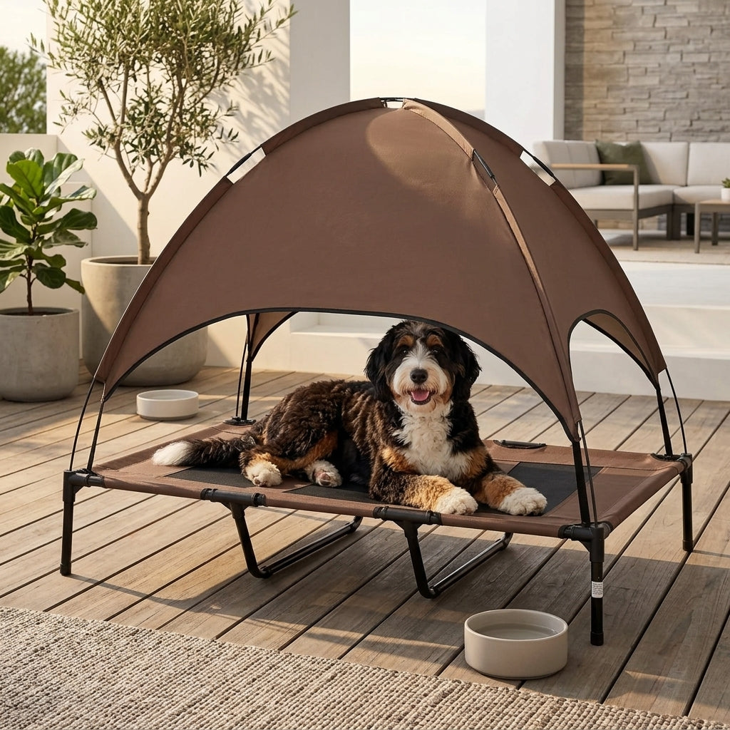 48" x 36" Elevated Portable Dog Cot Cooling Pet Bed with UV Protection Canopy Shade, Coffee