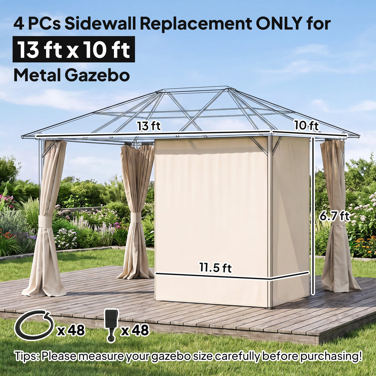 9.84' x 13.1' Gazebo Sidewall Set with Hooks/C-Rings, Beige
