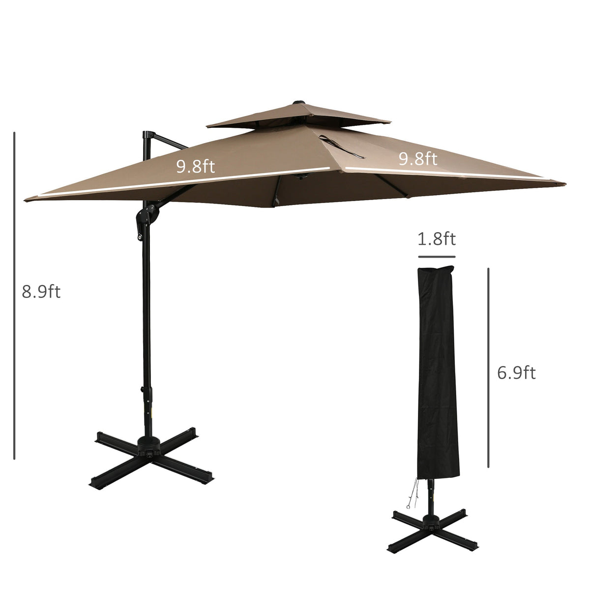 10ft Offset Patio Umbrella with Base, Hanging Aluminum Cantilever Umbrella with 360-degree Rotation, Coffee