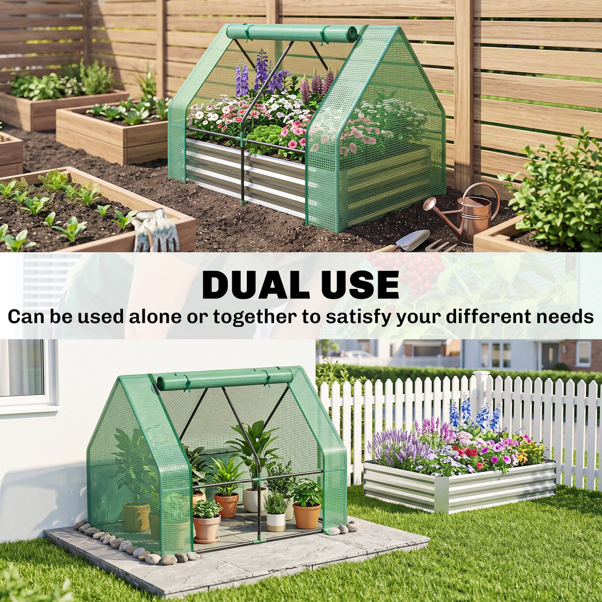 4 x 3ft Metal Planter Box with Mini Greenhouse, Galvanized Raised Garden Bed with Cover, Green and Gray