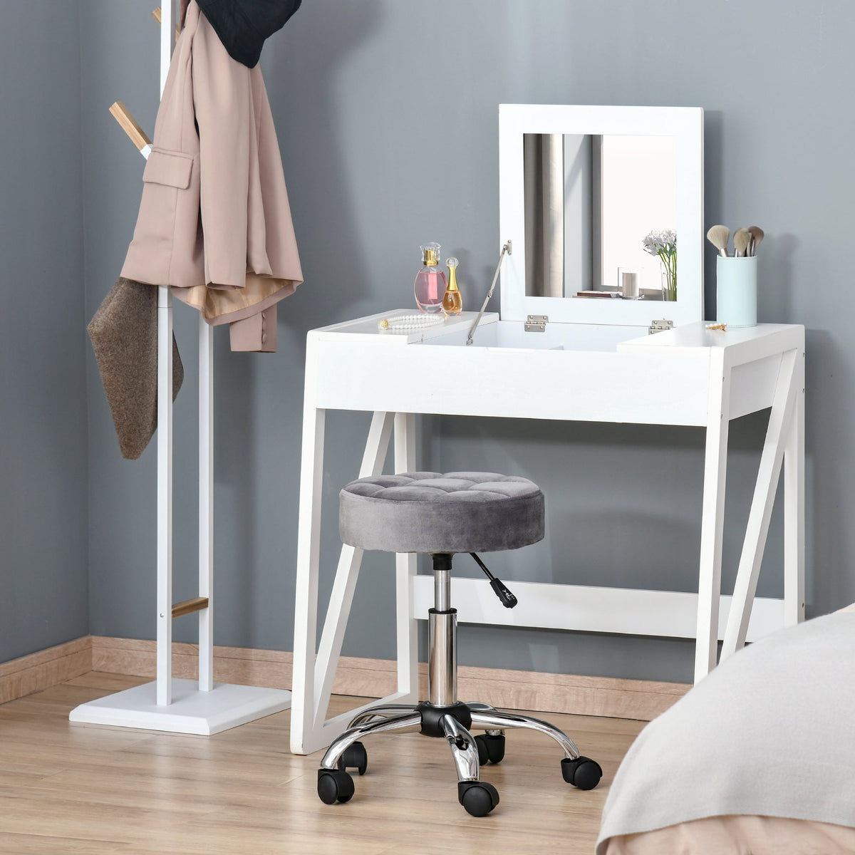 Round Rolling Stool, Height Adjustable Vanity Chair, Upholstery Office Chair with Swivel Seat and Wheels, Grey