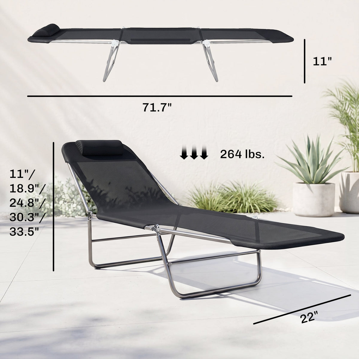 Folding Chaise Lounge Pool Chairs, Outdoor Sun Tanning Chairs with Pillow, Reclining Back, Black
