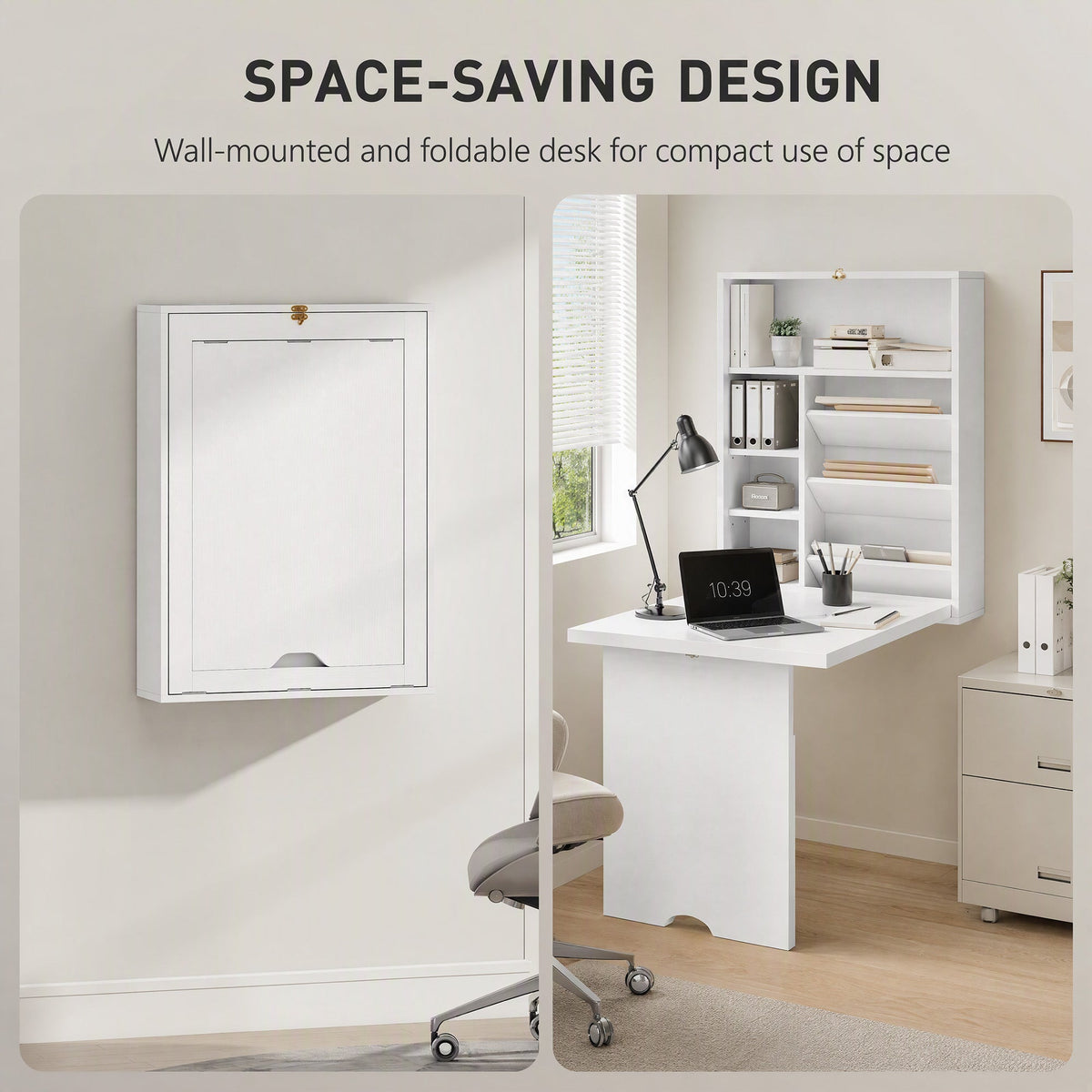 Wall Mounted Fold Out Convertible Desk, Multi-Function Floating Desk with Storage Shelf for Home Office, White