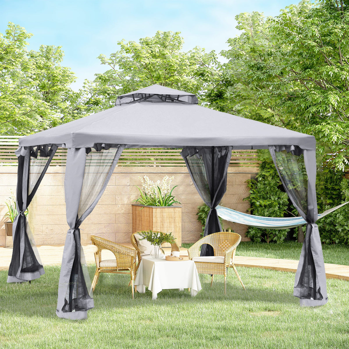 9.6' x 9.6' Patio Gazebo, Outdoor Canopy Shelter with 2-Tier Roof and Netting, Steel Frame for Garden, Lawn, Backyard, and Deck, Gray