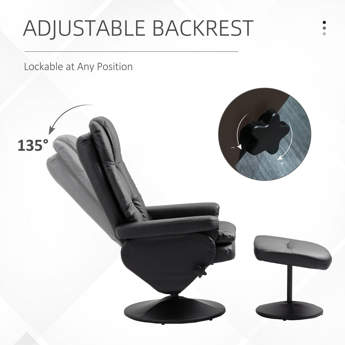 PU Leather Recliner Chair with Ottoman, Swivel Recliner and Ottoman with Round Wrapped Base for Living Room, Black