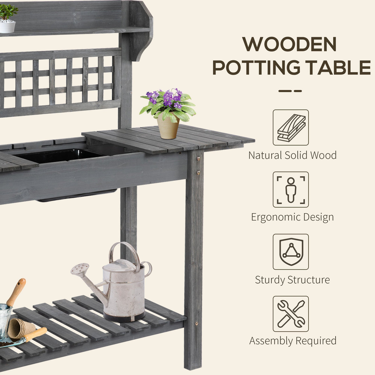 39'' Wooden Garden Potting Bench Work Table with Hidden Storage, Sliding Tabletop, Below Clapboard, Upper Shelf, Gray
