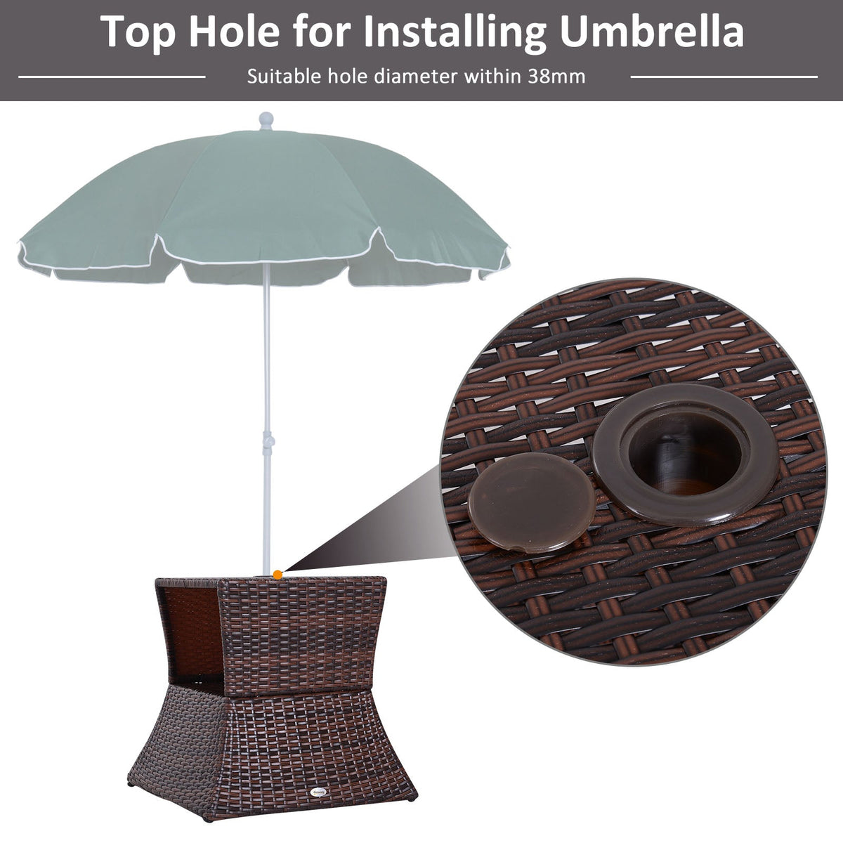 Outdoor Side Table with Umbrella Hole, 2 Tier Rattan Wicker End Table with Storage Shelf, All Weather
