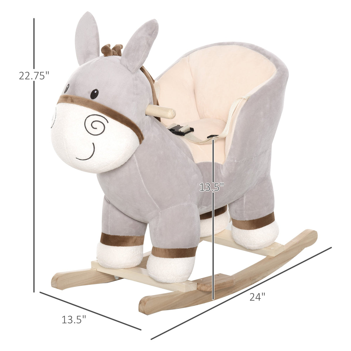 Kids Rocking Chair, Plush Ride On Rocking Horse Donkey with Sound, Wood Base Seat, Safety Belt, Baby Toddler Rocker Toy for 18 - 36 Months, Gray
