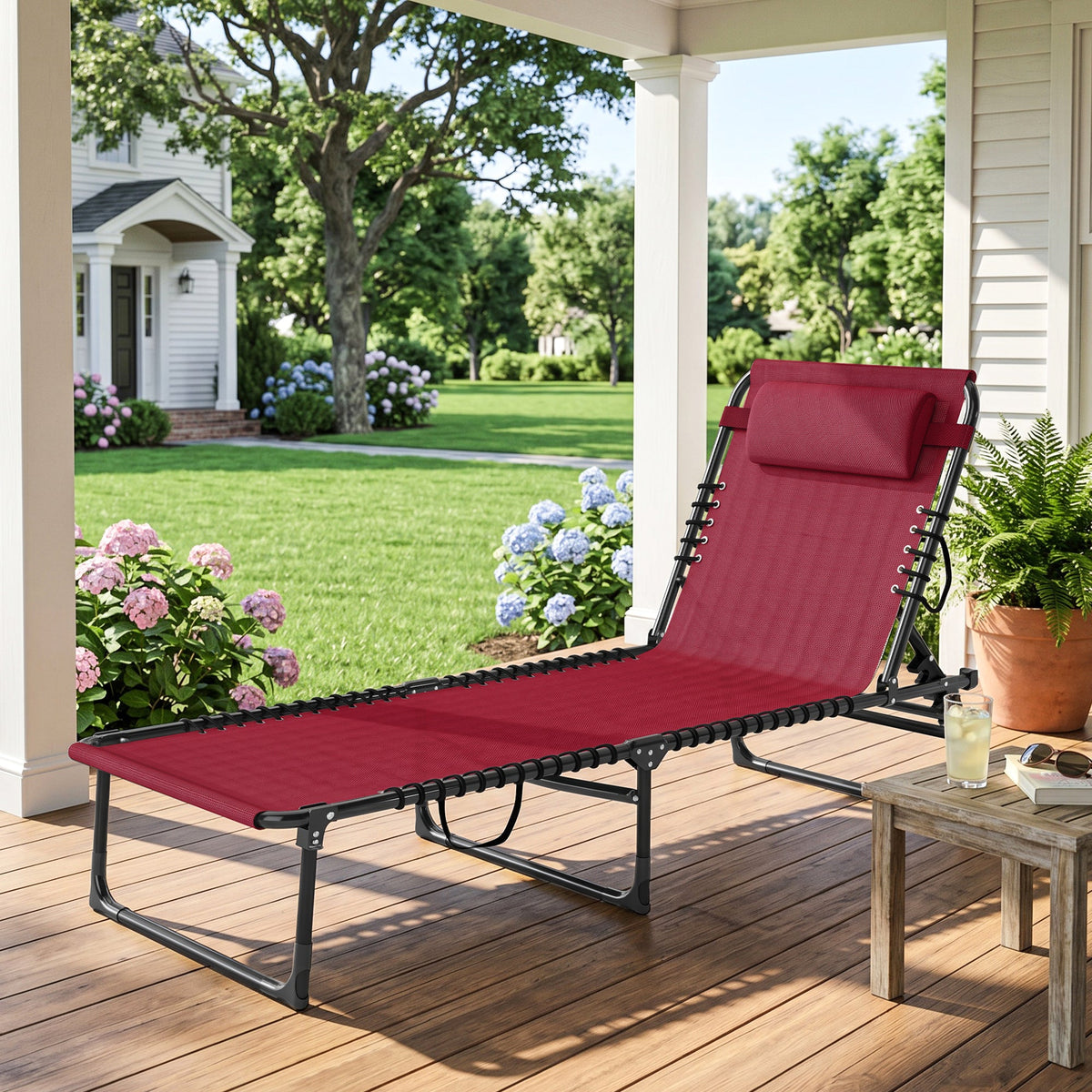 Folding Chaise Lounge Pool Chair with 4-Position Reclining Back, Pillow, Breathable Mesh & Bungee Seat,  Red
