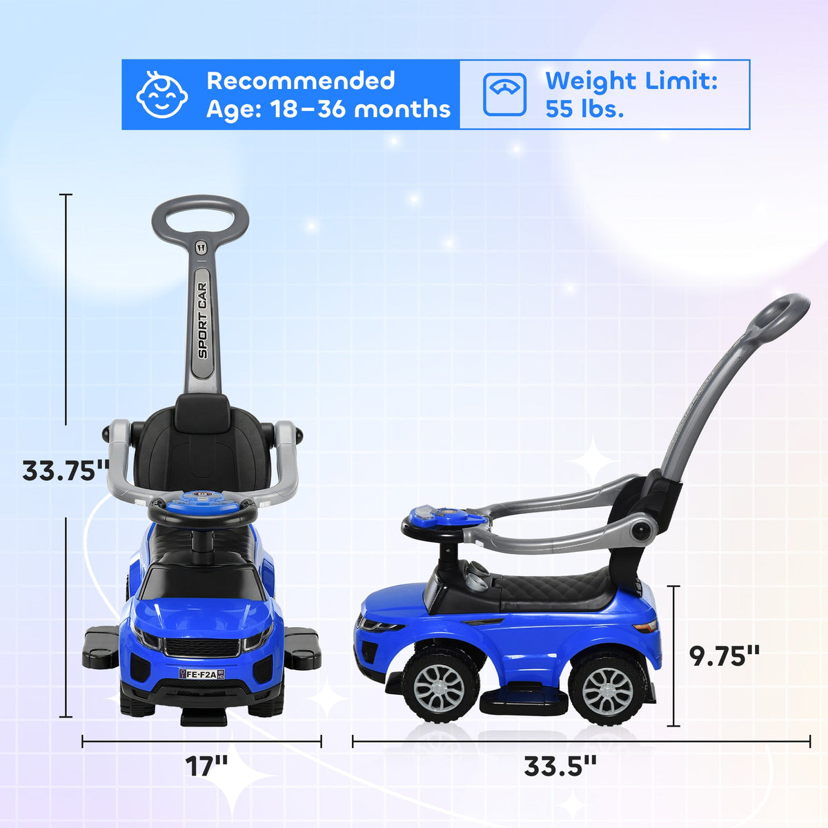 3 In 1 Push Cars for Toddlers Kid Ride on Push Car Stroller Sliding Car with Horn Music Function, Blue
