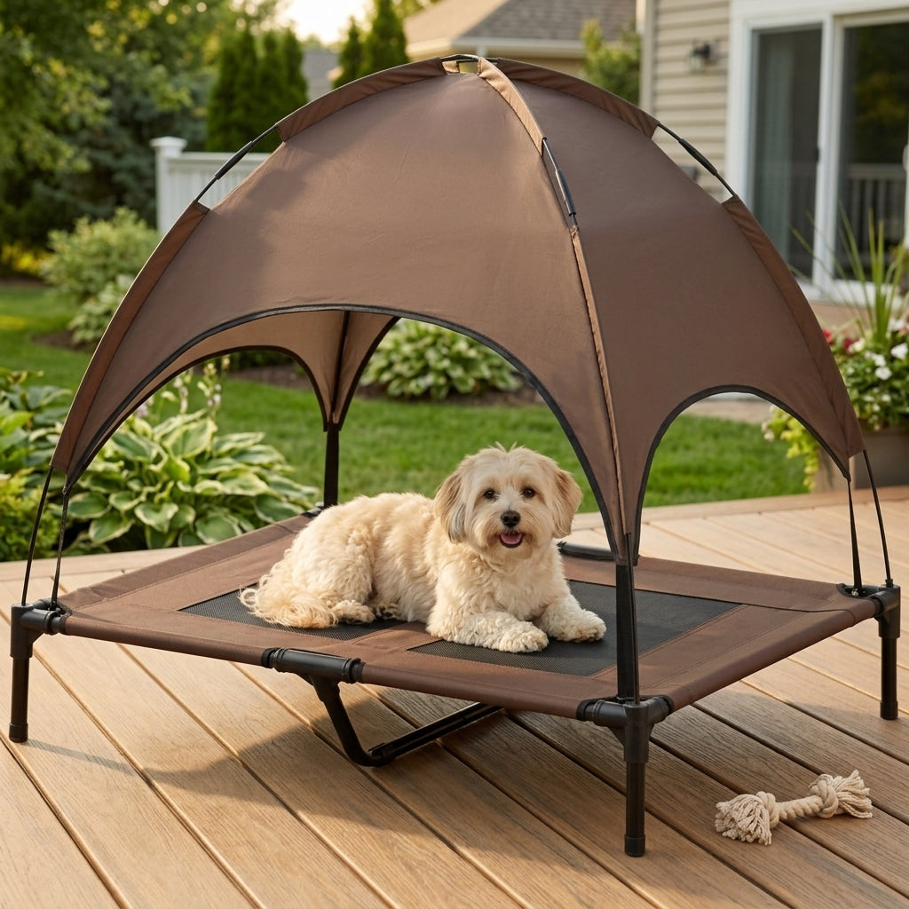 Elevated Portable Dog Cot Pet Bed with UV Protection Canopy Shade, 36 inch, Coffee