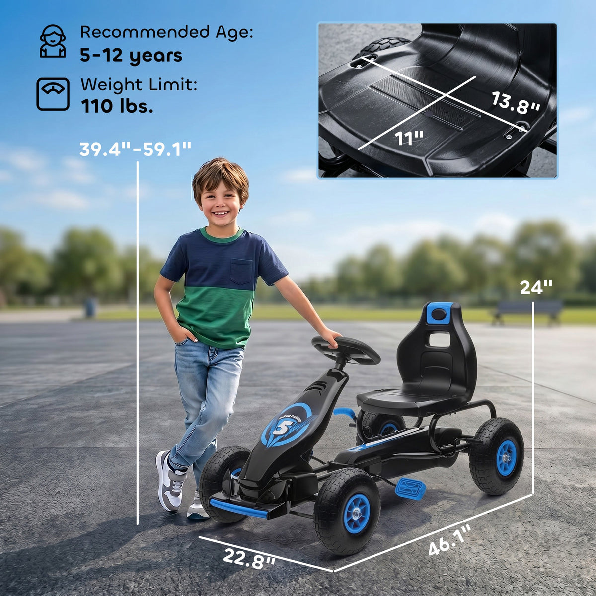 Kids Pedal Go Kart Ride-on Toy with Ergonomic Comfort, Pedal Car with Tough, Wear-Resistant Tread, Blue