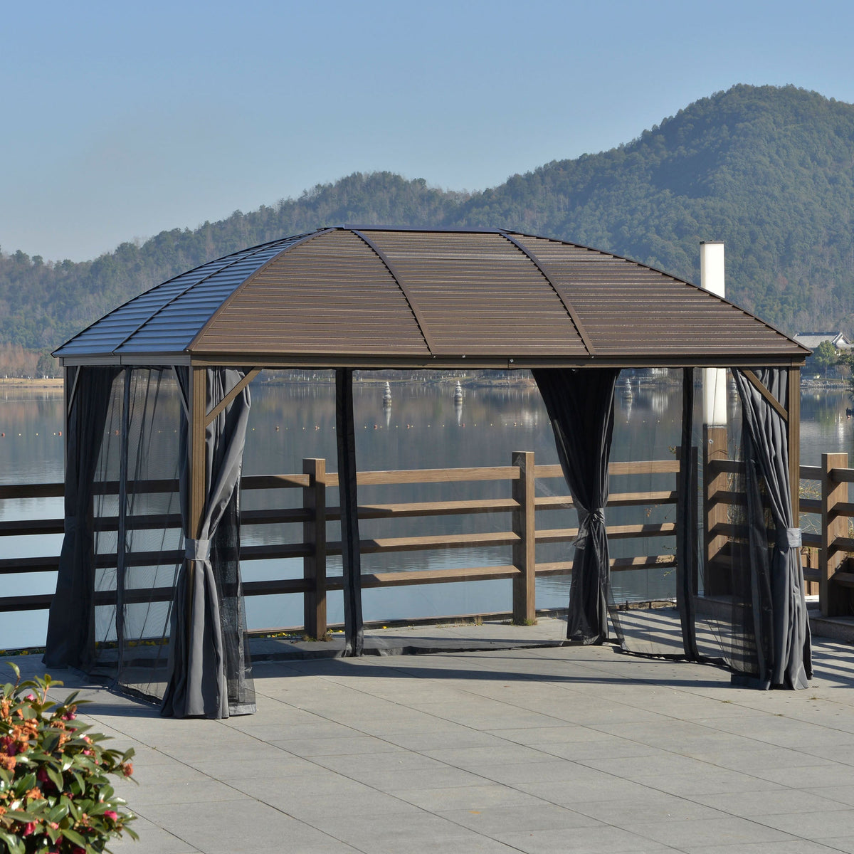10' x 13' Hardtop Gazebo with Curtains, Netting, Pavilion with Steel Roof Ceiling Hook for Garden Patio, Gray
