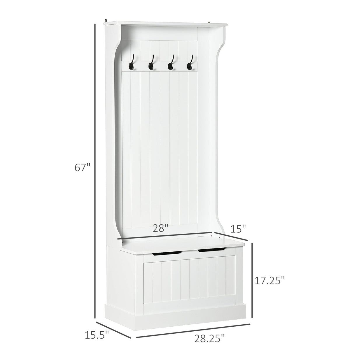 Hall Tree with Coat Rack, Storage, and Sitting Bench, White