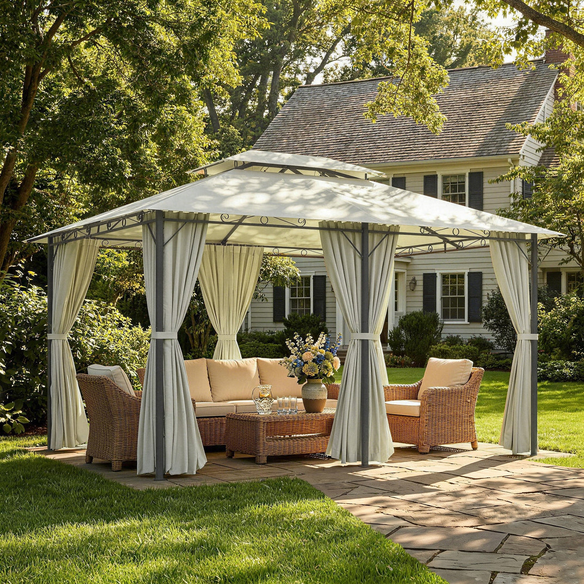 10' x 13' Patio Gazebo, Outdoor Gazebo Canopy Shelter with Curtains, Vented Roof, Steel Frame for Garden, Lawn, Backyard and Deck, Cream White