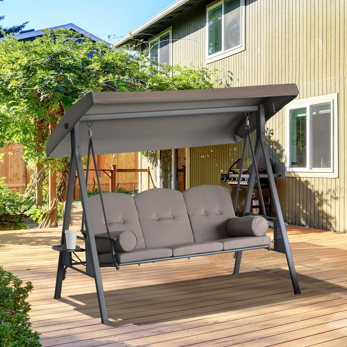 3-Seat Patio Swing Chair, Outdoor Porch Swing Glider with Adjustable Canopy, Removable Cushion, Brown