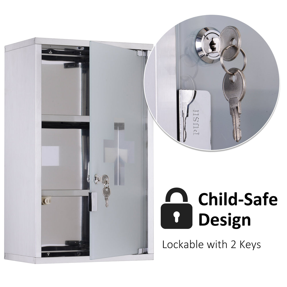 12" x 20" Lockable Medicine Cabinet, 3 Tier Stainless Steel Medical Wall Box with 2 Keys and Shelves for Bathroom