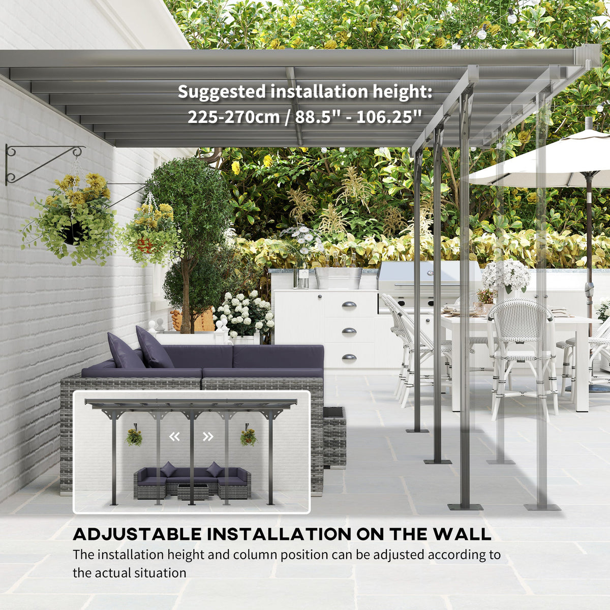 14.5' x 10' Aluminum Polycarbonate Pergola with UV Blocking for Outdoor Wall-Mounted Use, Family Shade, Gray