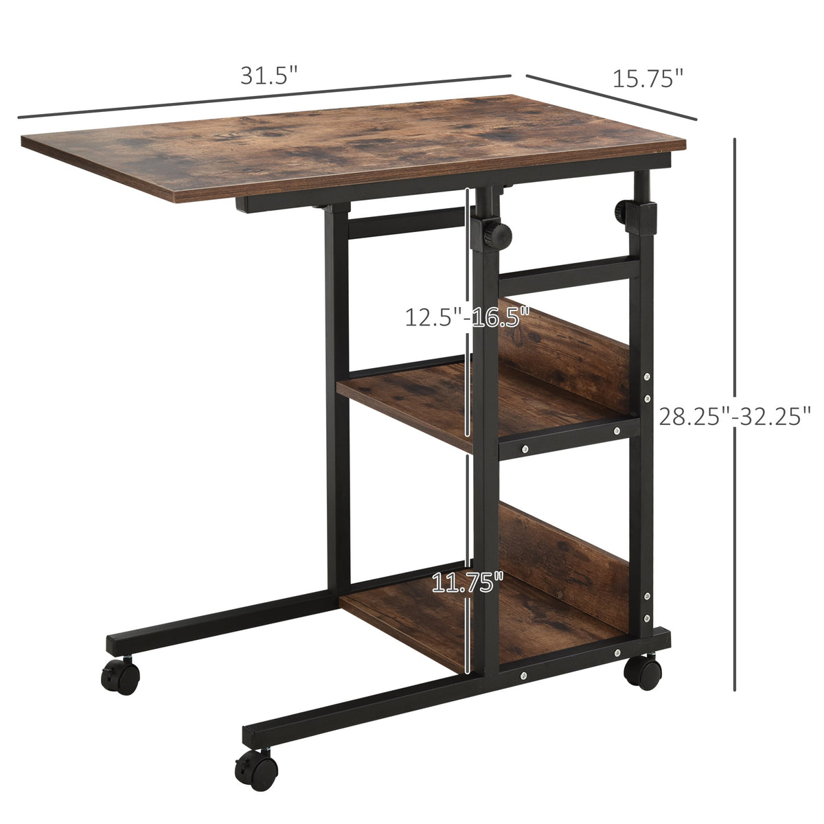 Industrial C-Shaped Mobile Rolling Sofa Side Table with 3-Tier Storage Shelving, Adjustable Height, & Wheels