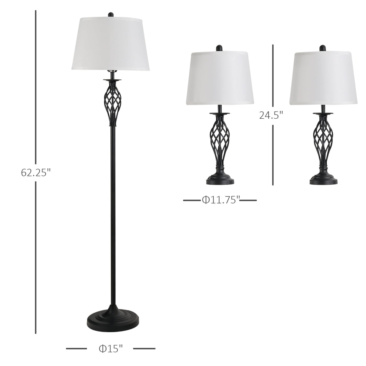 3 Piece Table Floor Lamp Set with Metal Pole, Round Base, and Fabric Lampshade, for Living Room, Black/White